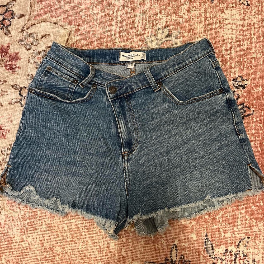 Abercrombie & Fitch Distressed High-Rise Denim Shorts - Medium Blue
